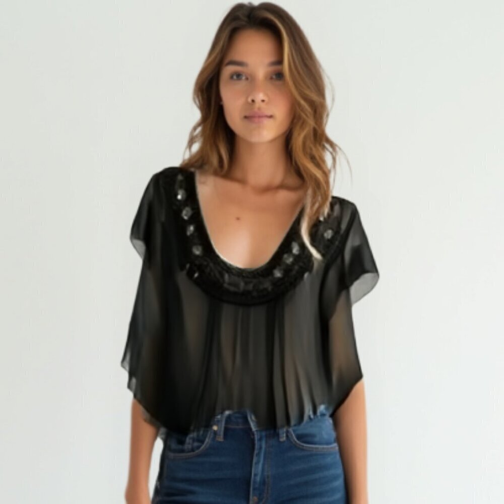 DKNYC Black Sheer Embellished Cape Top | Gothic Chic | Size 12 NWT❤️
